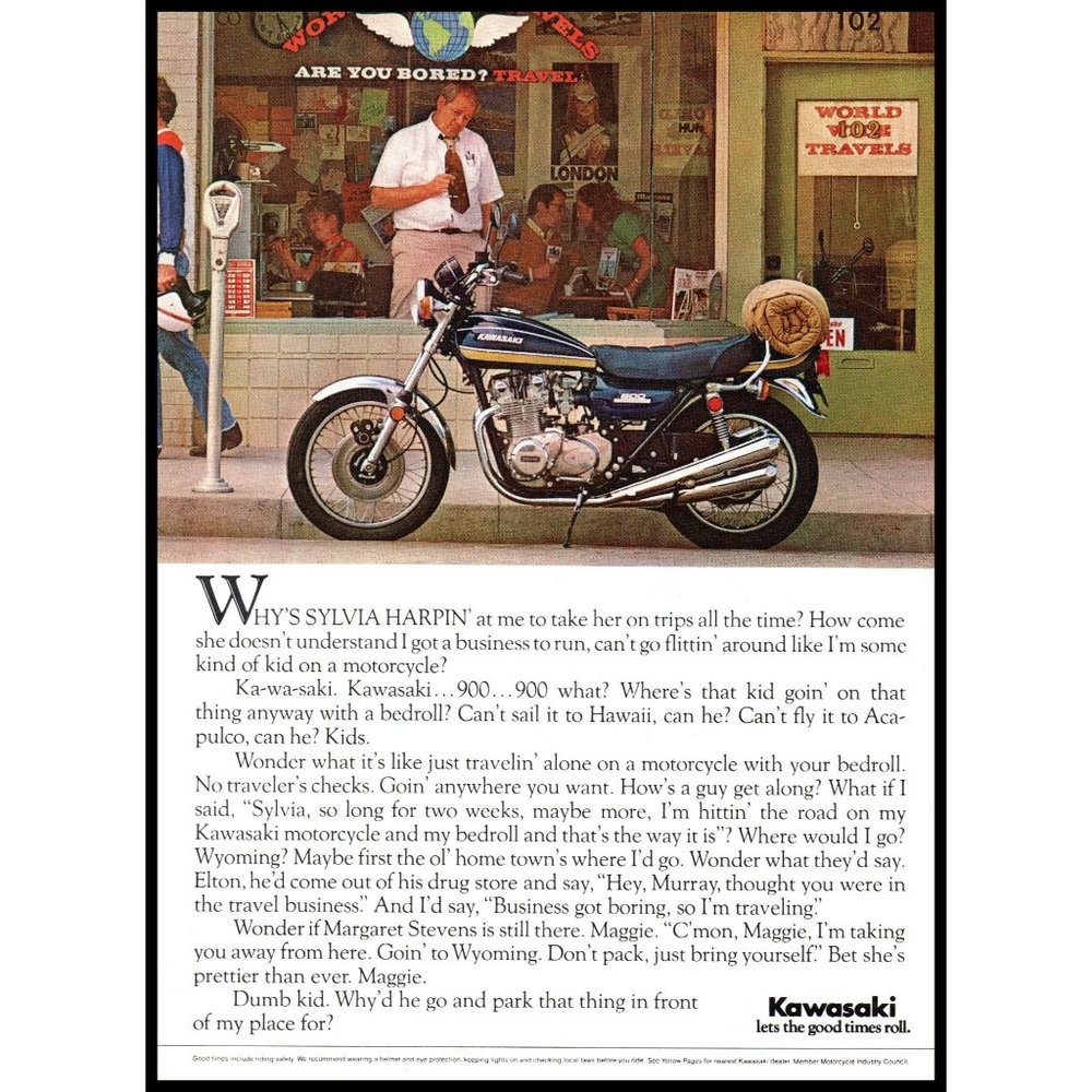 1975 Kawasaki 900 Motorcycle Vintage Print Ad Travel Agency Downtown Wall Art